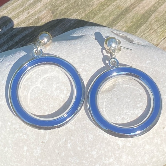 Vintage 80’s Circle Drop Earrings blue and silver tone lightweight - Picture 2 of 7